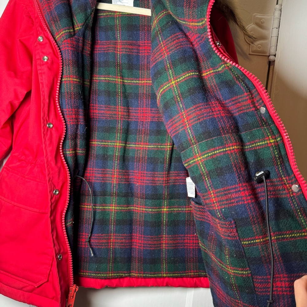 Woolrich Flannel Lined Fur Trim Parka Red Winter Coat Large - Picture 8 of 16